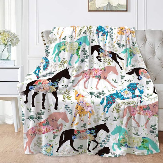 Colorful Floral Horse Blanket for Baby Girls Flowers Animals Throw Blanket for Boys, Lightweight Cute Horse Soft Flannel Blankets for Kids Gifts, 30x40 Inches