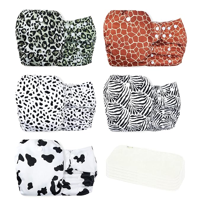 wegreeco Cloth Diapers 5 Pack with 5 Inserts, Washable Cloth Diapers for Babies, One Size Adjustable Reusable (Animal Party)