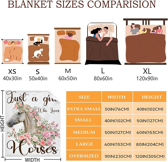 Just A Girl Who Loves Horses Blanket for Boys Girls, Flowers Animals Kids Throw Blanket Gift for Child, Fluffy Cozy Soft Lightweight Blankets for Bed Office, 40x50 Inches