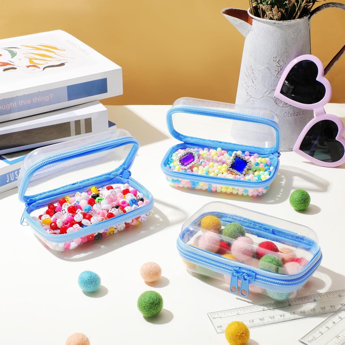 Hoolerry 3 Pcs Clear Hard Zipper Case Plastic Pouch Transparent Hard Case Clear Makeup Bag Portable Travel Organizer Bin for Cosmetics, Building Blocks, Puzzles(Blue,Xs)