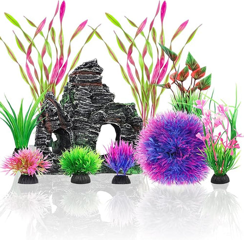 10pcs Aquarium Artificial Plastic Plants Decorations and Rock Cave Decor Set by QUOZUO