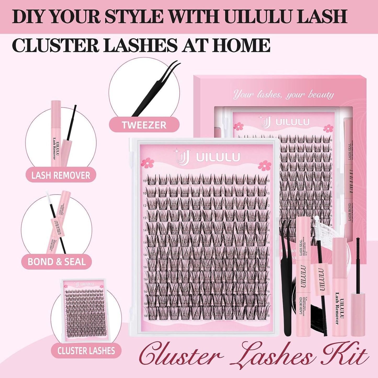 Lash Clusters kit 10-18mm DIY Lash Extension Kit 132 D Curl Lash Clusters 0.07D Wispy Individual Lashes Clusters False Eyelashes Natural Eye Lash Kits Extensions Kit U09 Kit
