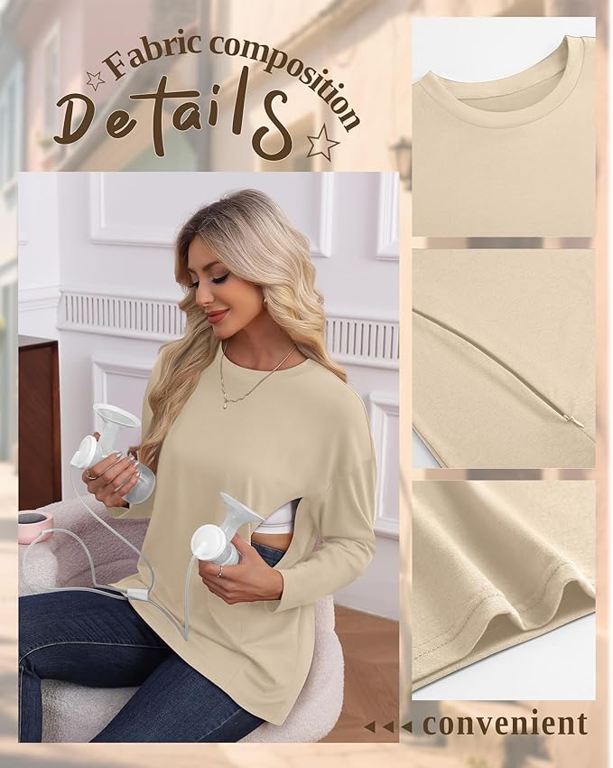 3 Pack Women's Nursing Breastfeeding Tops, Long Sleeve Maternity Shirts Oversize Hidden Zipper Pregnancy Clothes