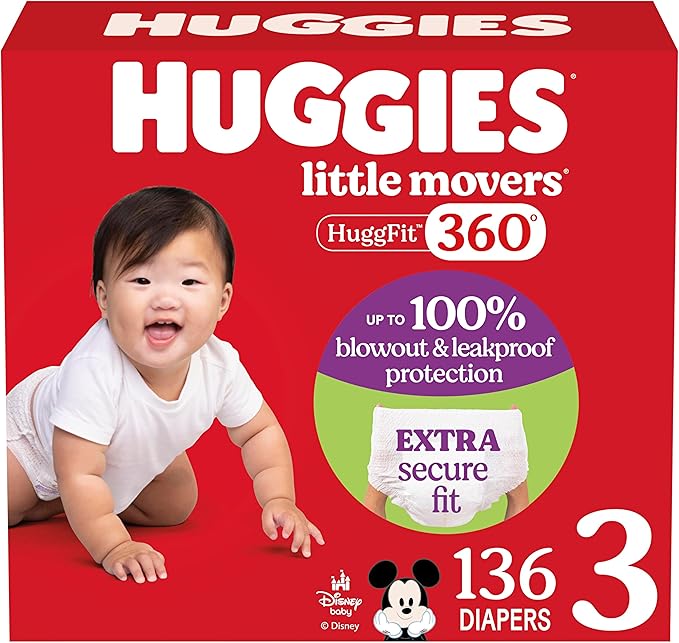 Huggies Size 3 Baby Diapers, Little Movers HuggFit 360° Baby Diapers with 360° Waistband, Size 3 (16-28 lbs), 136 Count, Packaging May Vary