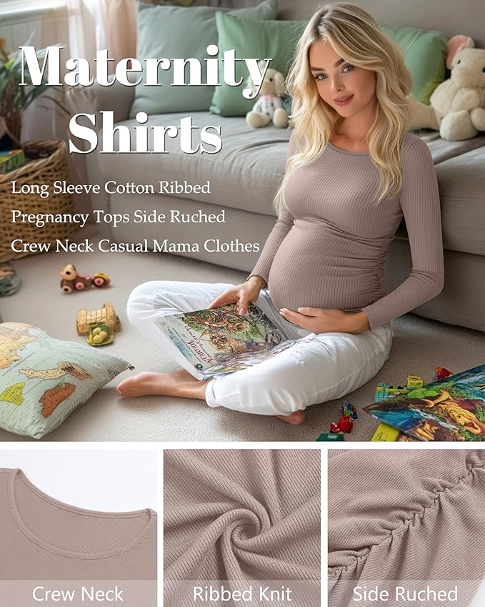 Huukeay 4 Pack Women's Maternity Shirts, Long Sleeve Cotton Ribbed Pregnancy Tops Side Ruched Crew Neck Casual Mama Clothes