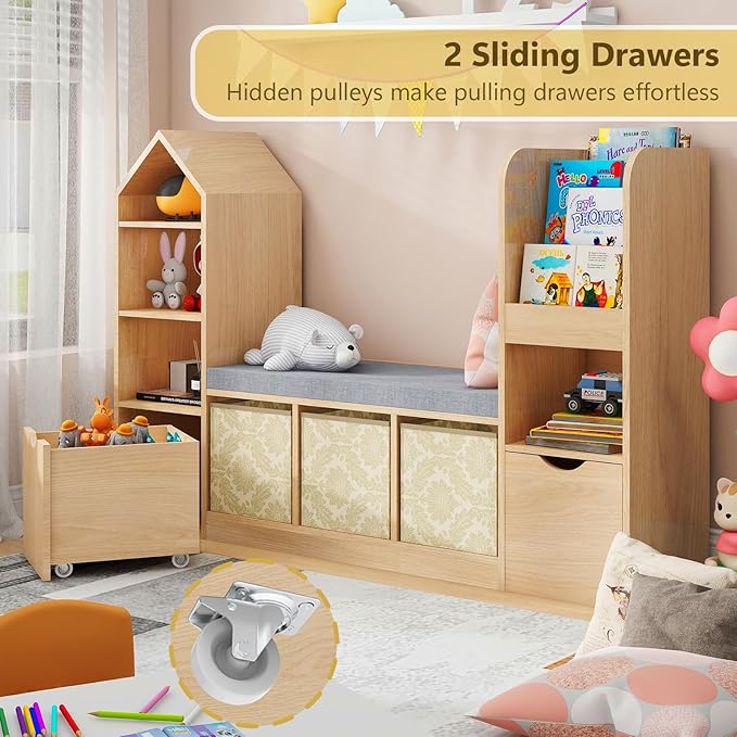 Vabches Kids Bookcase with Reading Nook, Oak Bookshelf with 7 Storage Cubbies & 2 Movable Drawers, Seat Cushion for Toy Storage, Children's Bedroom