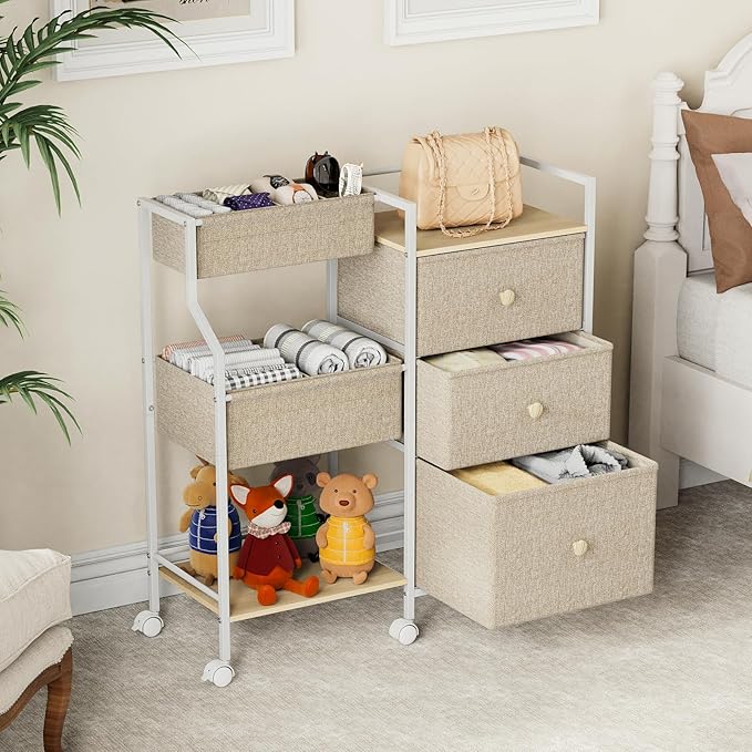 Baby Organizer and Storage - 3 Tier Rolling Cart with Dividers and Drawers, Easy To Assemble, Mobile Utility Cart with Wheels for Nursery, Bedroom, Changing Table & Crib,Off White