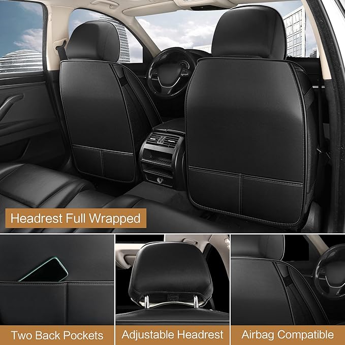 Pariitadin Leather Car Seat Covers Full Pair, Waterproof Faux Leather Seat Covers for Cars, Non-Slip Car Interior Covers Universal Fit for Most Cars Sedans Trucks SUVs, Black/Red Line