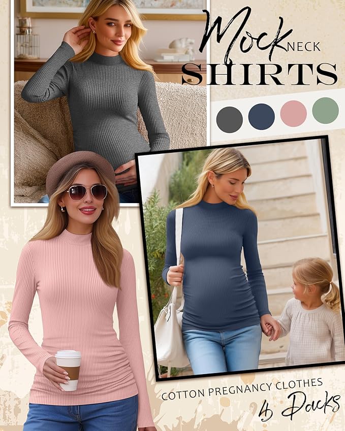 4 Packs Womens Maternity Shirts Long Sleeve Cotton Ribbed Pregnancy Mock Neck Side Ruched Workout Tops for Mama