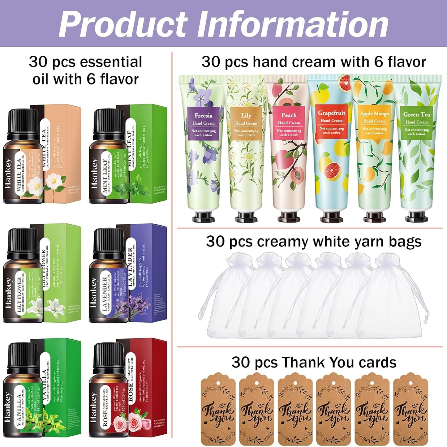 AZEN 30 Sets Bulk Gifts, Hand Cream and Essential Oils Bulk Set with Organza Bag Thank You Card, Baby Shower Wedding Gifts for Guests, Bridal Wedding Favors for Guests,Thank You Gifts for Women
