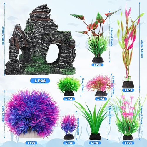 10pcs Aquarium Artificial Plastic Plants Decorations and Rock Cave Decor Set - Image 2