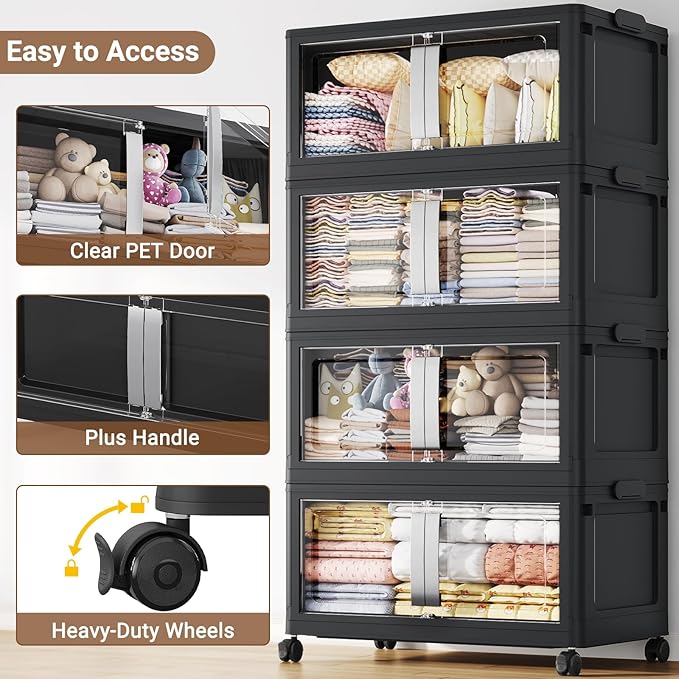 BROVIEW 800QT Stackable Storage Bins with Lids, 200Gal Extra Large Collapsible Storage Box with Wheel, Plastic Storages with Clear Door Open Front for Home Kitchen Garage, Black-5pack(5 lids)