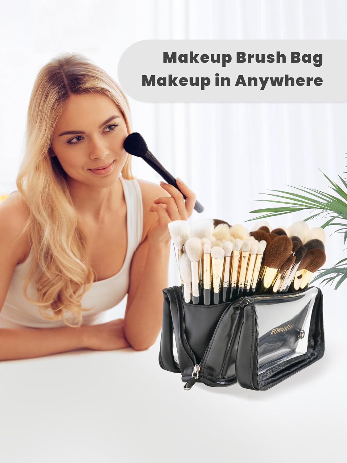 ROWNYEON Makeup Brush Bag, High Capacity Stand-Up Makeup Brush Holder, Travel Professional Cosmetic Bag Artist Organizer Bag Large Makeup Brush Case with Adjustable Divider (Brushes Not included)