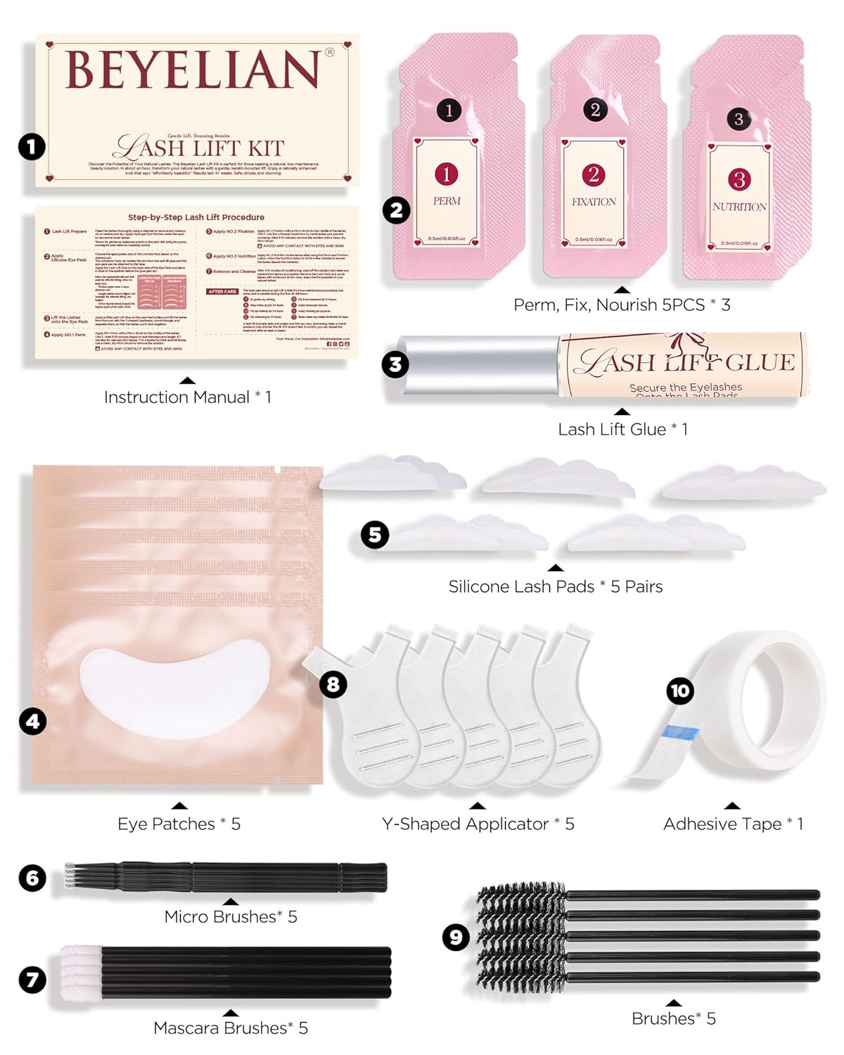 BEYELIAN Lash Lift Kit, Eyelash Perm Kit, 5 Sets Professional Lash Curling Perm Kit Long Lasting Lifting Kit Home Achieve Semi-Permanent Curling Lash Lifting Kit
