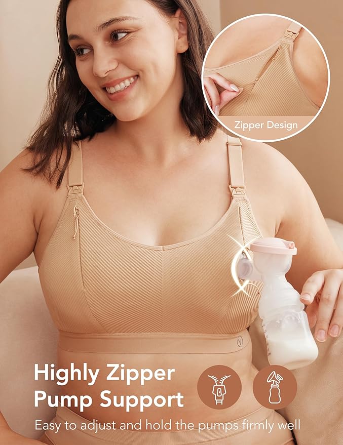 Pumping Bra Hands Free Zip Opening Seamless Nursing Bras for Breastfeeding High Support Nursing & Pumping Bra in One