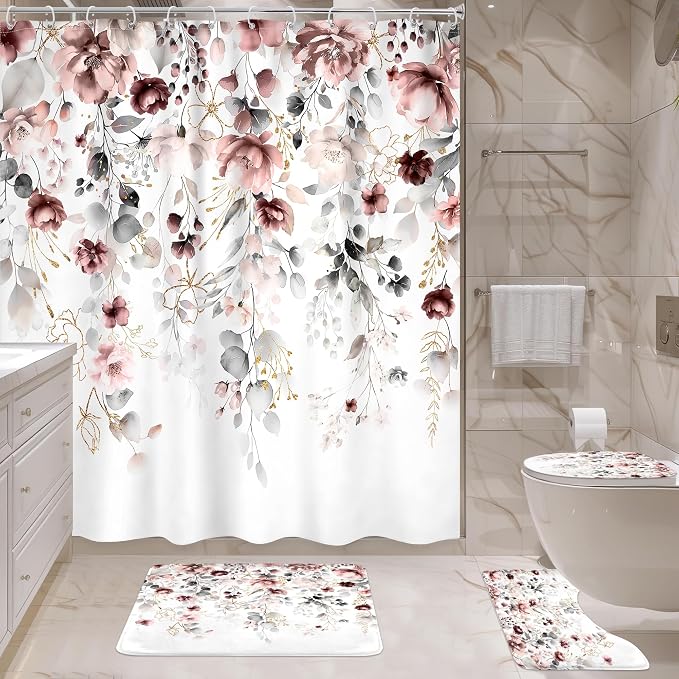 4 PCS Pink Floral Flower Shower Curtain Set 72Wx72H Inch Watercolor Pastel - Image 4