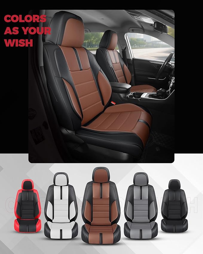 FREESOO Black Brown Front Car Seat Covers - Faux Nappa Leather Seat Covers for Cars, with Carbon Fiber Texture Seatbelt Pads, Ultra Cushion Protectors Fit for Most Vehicles Sedans SUV Trucks Maverick