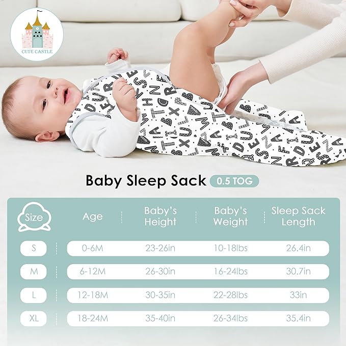 Cute Castle Baby Sleep Sack 6-12 Months - Lightweight 100% Cotton 2-Way Zipper TOG 0.5 Infant Wearable Blanket, Newborn Essentials Toddler Sleep Clothes, 3 Pack(Gray, Letters, Stars)
