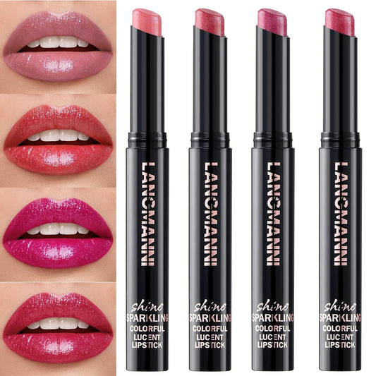 Jolilab 4Pcs Sparkling Lipstick Lip Gloss Long Lasting Waterproof Moisturizer Lip Balm Glitter Shimmer Metallic Lipstick, Diamond Shiny Bold Glow Goth for Women Girls,Non-sticky(01+02+07+08