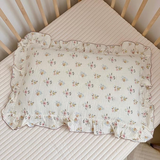 BuLuTu Cotton Muslin Kids Toddler Pillowcase with Cute Azalea Flowers Pattern Super Soft Crib Nursery Pillowcase for Boys,Girls,Bedding Decor Machine Washable, Durable Pillowcase,1 Piece,Standard
