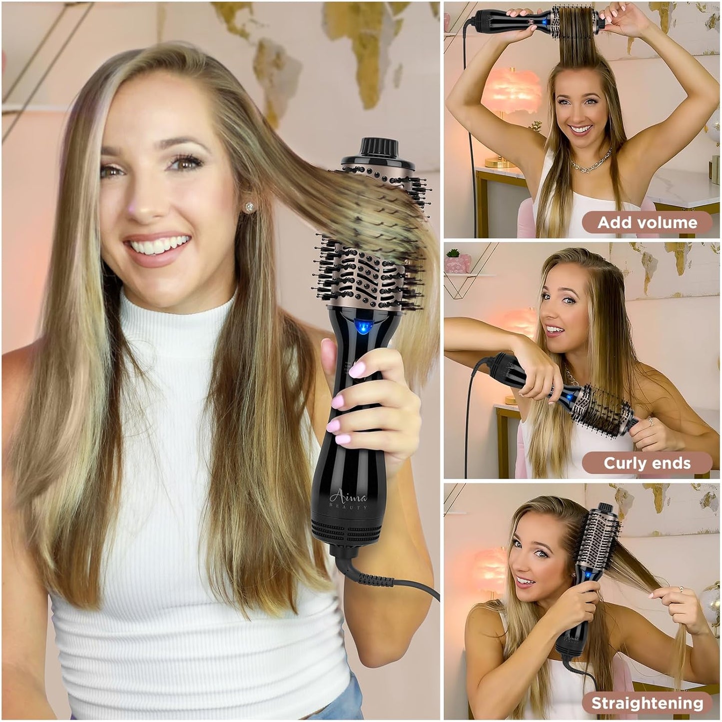 One Step Hair Dryer & Volumizing Hot Air Brush, Blow Dryer, Ceramic Straightener, Curler & Hot Comb 4 in 1 Salon Ionic Brush, Hair Styling Tools, Black