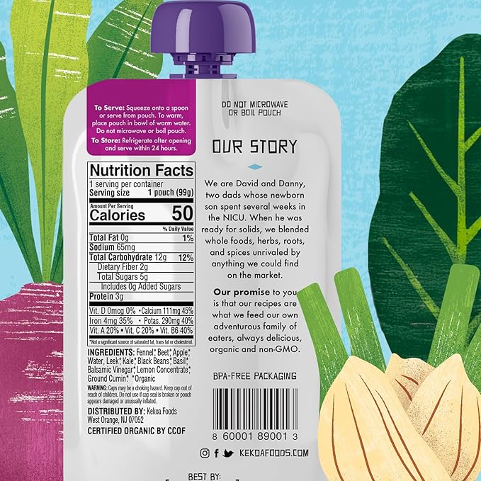 Kekoa Foods Beets, Fennel & Kale Baby Food Purée | 100% USDA Certified-Organic, No Sugar Added | Organic, Non-GMO, Gluten-Free, Vegan | Nutrient-Rich Blend with Leeks & Black Beans | 3.5 oz