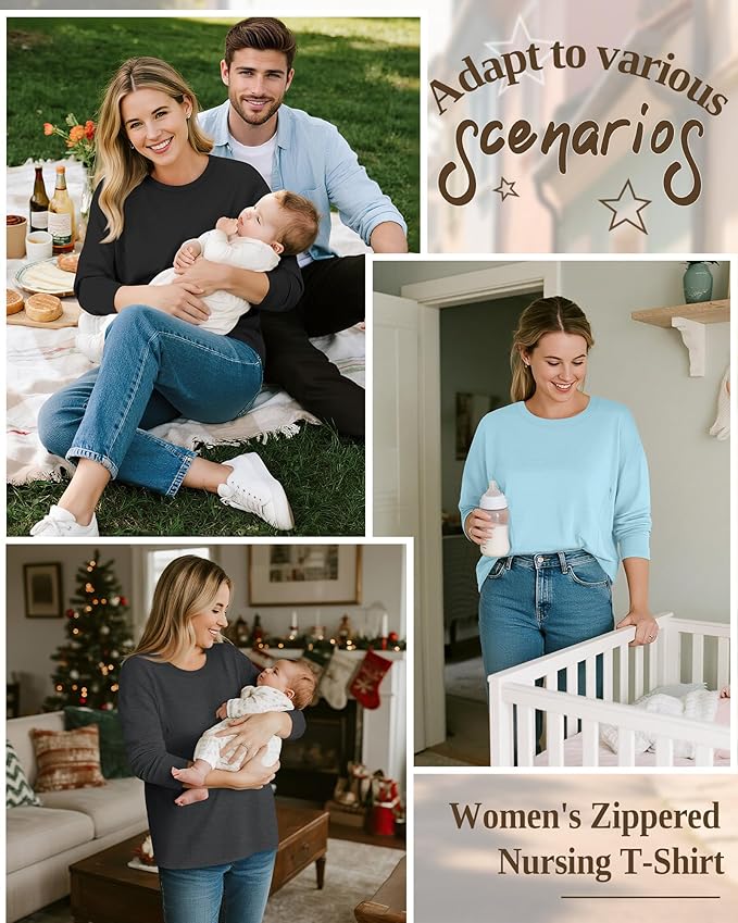 3 Pack Women's Nursing Breastfeeding Tops, Long Sleeve Maternity Shirts Oversize Hidden Zipper Pregnancy Clothes