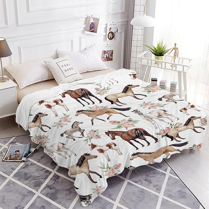 Horse Rose Blanket for Boys Girls, Flowers Kids Throw Blanket Gift for Child, Fluffy Cozy Soft Lightweight Blankets for Bed Office, 40x50 Inches