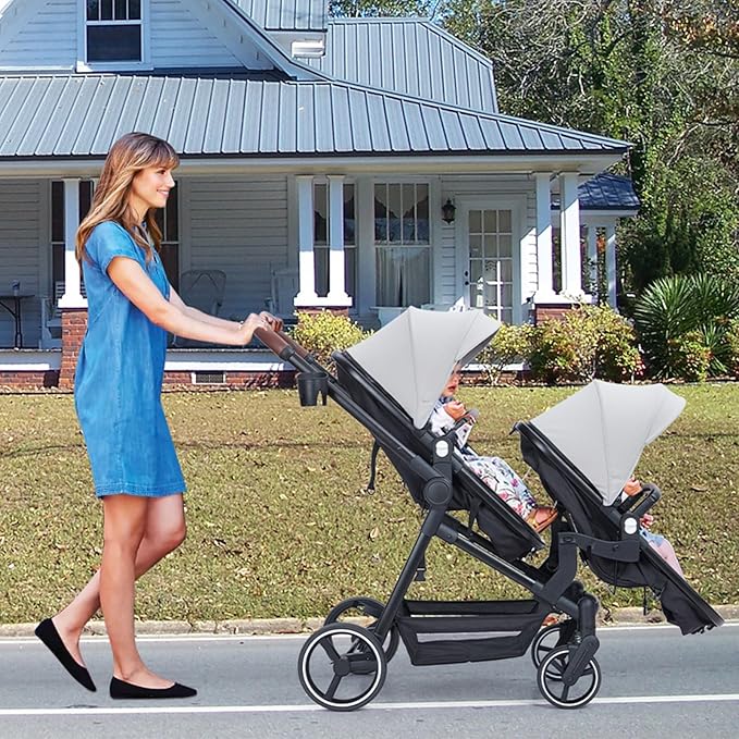 Tandem Double Stroller Newborn and Toddler, Foldable Twin Stroller with Reversible Seat, 5-Point Safety Harness, Adjustable Backrest & Canopy, Storage Basket, Light Grey