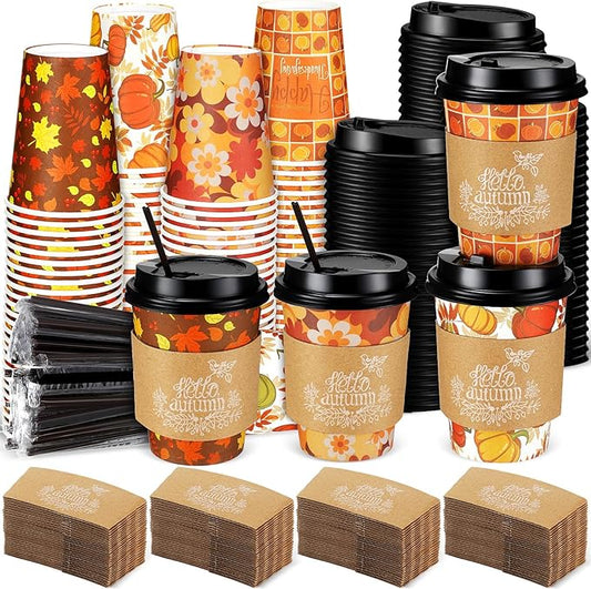 Lallisa 100 Sets Fall Thanksgiving Coffee Cup Bulk with Lid Disposable 12 oz Fall Hot Cups Paper and Sleeves Straws, Autumn Drinking Supplies for Holiday Party(Classic Style)