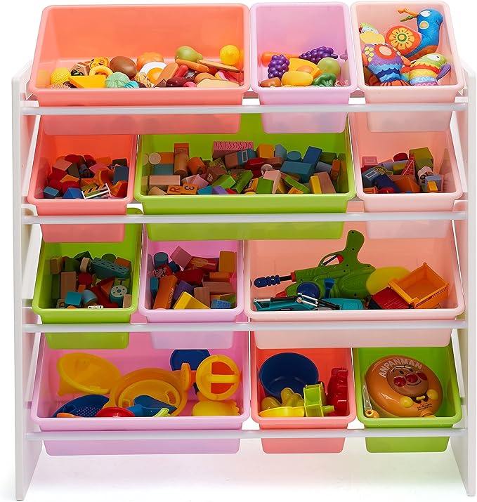 Amazon Basics Kids Toy Storage Organizer With 12 Plastic Bins, White Wood With Pink Bins, 10.9" D x 33.6" W x 31.1" H