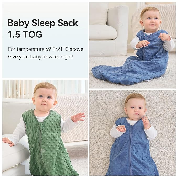 Fleece Baby Sleep Sack 12-18 Months with Plush Dots 1.5 Tog Baby Wearable Blanket with 2-Way Zipper Warm Sleeping Sack for Toddler Infant - Large, Blue&Green