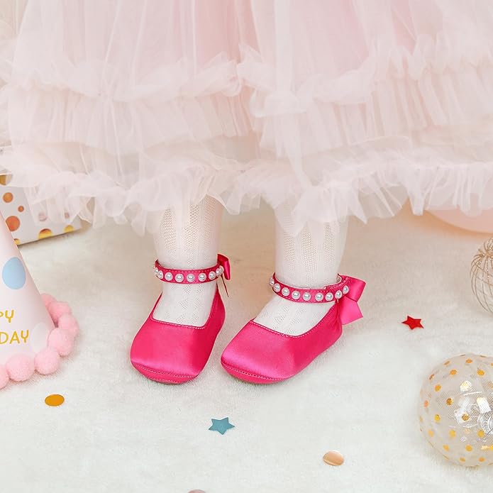 Baby Girls Mary Jane Flats - Infant Newborn Walking Shoes Soft Rubber Sole Princess Wedding