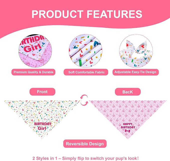 Dog Birthday Bandana Girl for Small Dogs, Reversible 2 Patterns in 1, Puppy - Image 2
