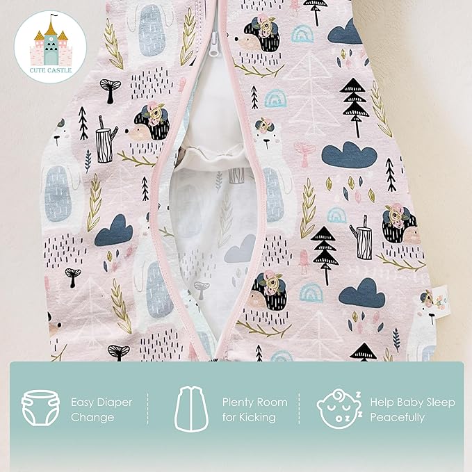 Cute Castle Baby Sleep Sack 0-6 Months - Lightweight 100% Cotton 2-Way Zipper TOG 0.5 Infant Wearable Blanket, Newborn Essentials Toddler Sleep Clothes, 3 Pack(Pink, Bear, Bear Claw)