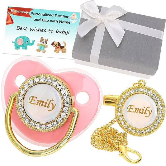 Personalized Pacifier with Name, Bling Gold Pacifier Clip Set with Gift Box Greeting Card, Glitter Crystal Luxurious Dummy Ideal Gift for Girl Baby Shower Newborn Photography(Pink)