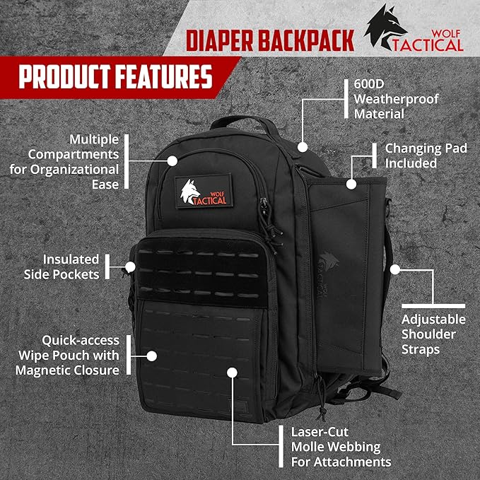 WOLF TACTICAL Military Inspired Diaper Bag - Dad Diaper Bag Backpack with Changing Mat, Mens Diaper Bag for Dad