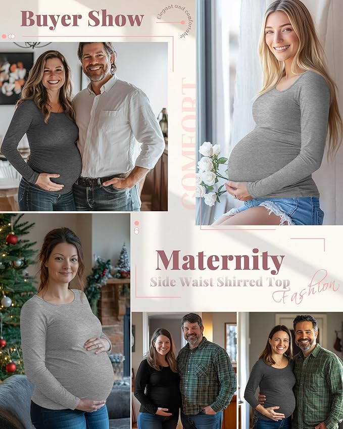 Ficerd 3 Pack Women's Maternity Shirts, Long Sleeve Side Ruched Pregnancy Tee Tops Crew Neck Casual Mama Clothes Basic Tunic