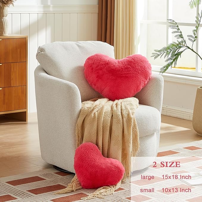 EastTree Heart Pillows, Carmine Heart Shaped Pillows, Love Throw Pillows Gifts, Ultra Soft Faux Rabbit Fur Small Cute Pillows, Women Girls Kid Room Decor 10x13 Inch