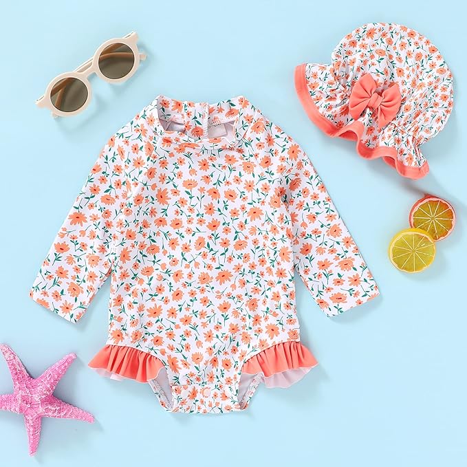 Infant Baby Girl Swimsuit One-Piece Long Sleeve Rash Guard with Hat Set Floral Zipper Bathing Suit Leopard Beach Wear