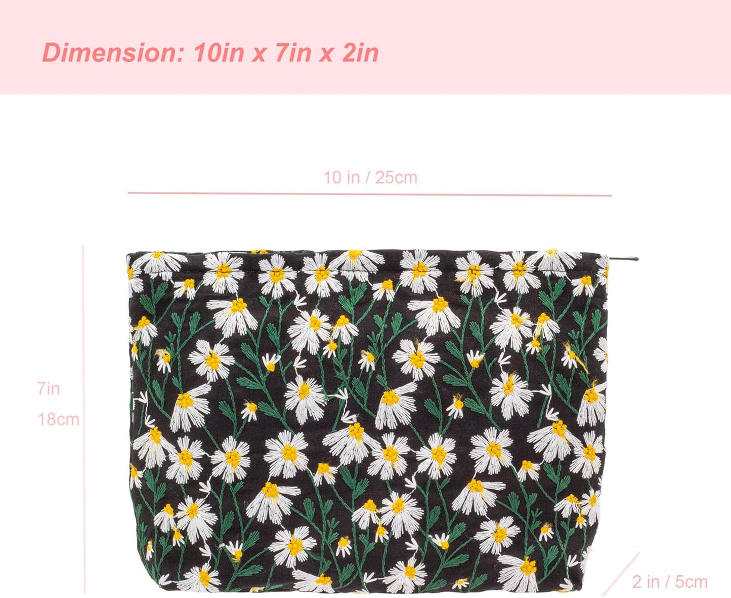 Makeup Bags for Purse Zipper Cosmetic Pouch Large Travel Canvas Make Up Organizer Tool Pouch for Women and Girls,Daisy Black