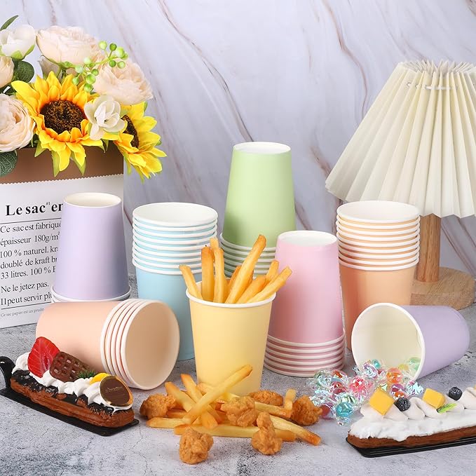 URATOT 60 Pieces 9 Ounce Disposable Paper Cups Pastel Rainbow Party Cups Drinking Cups for Party, DIY and Holiday, 6 Colors