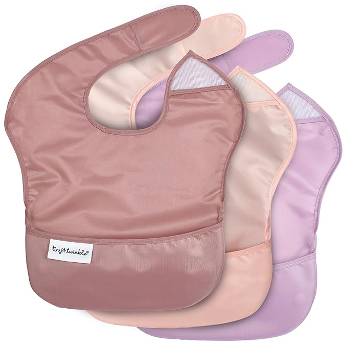 Tiny Twinkle Mess Proof Baby Bibs for Eating – Waterproof, Wipeable Toddler Bibs with Pocket – Baby Food Bibs for Girls & Boys(3 Pack,Taupe, Rose)