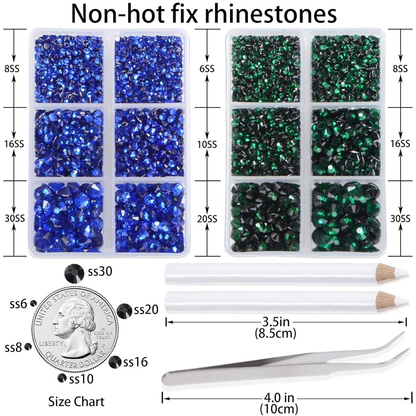 LPBeads 6000 Pieces Emerald and Sapphire Non Hotfix Rhinestones 6 Sizes Round Crystal Glass Flat Back Rhinestones with Tweezers and Picking Pen for Nail Art Crafts Clothes Bags DIY