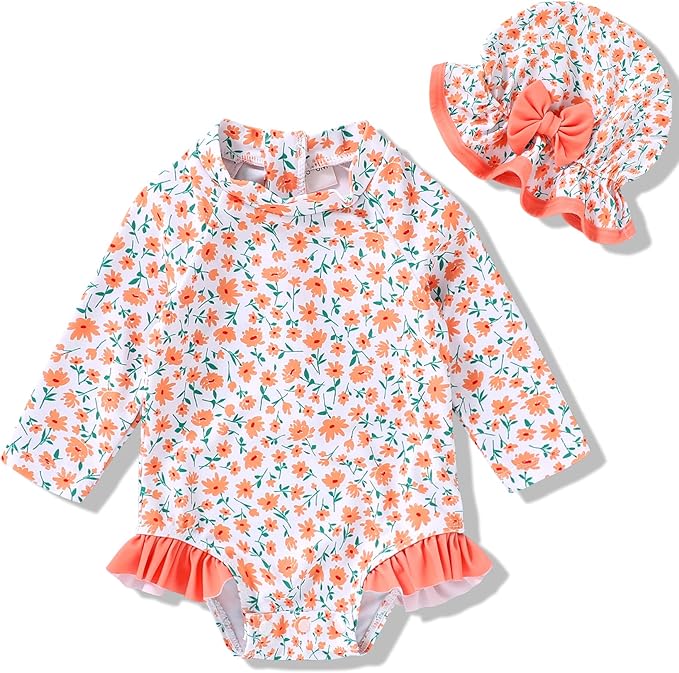 Infant Baby Girl Swimsuit One-Piece Long Sleeve Rash Guard with Hat Set Floral Zipper Bathing Suit Leopard Beach Wear