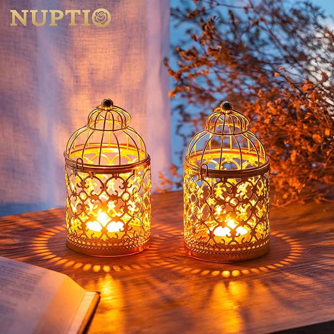 2 Pcs Small Metal Tealight Hanging Birdcage Lantern, Vintage Decorative - Image 2