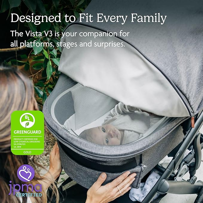 UPPAbaby Vista V3 Stroller + Bassinet V3 - Convertible Single-to-Double Stroller System- Bassinet, Toddler Seat, Bug Shield, Rain Shield Included - Savannah (Pearl Gray/Carbon Frame/Chestnut Leather)
