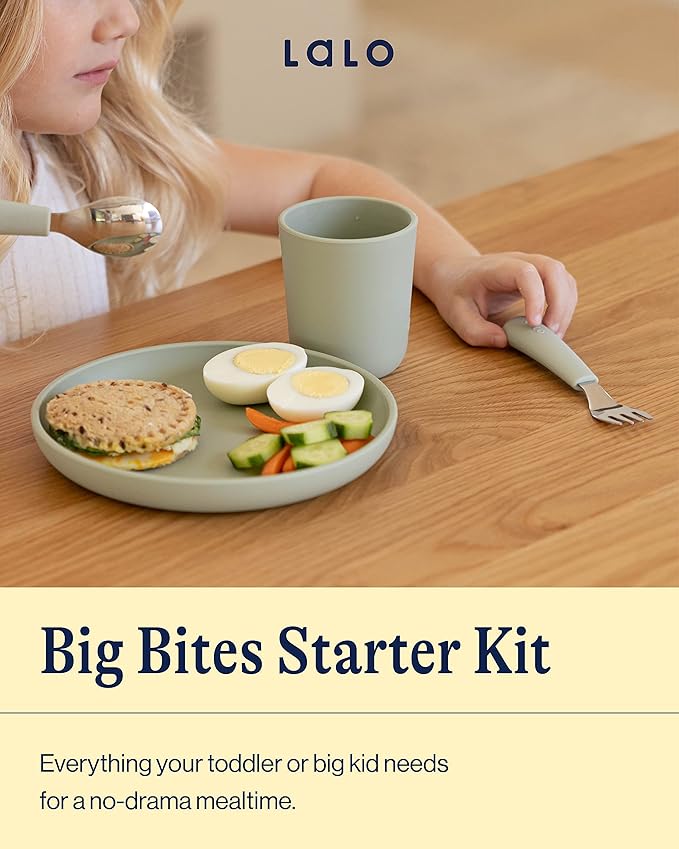 Lalo Big Bites Kids Dinnerware Starter Set - Dishwasher Safe, BPA Free, Kids Tableware Set - Includes Stackable Bowl, Plate, Utensils & Cup - 5 Pieces - Oatmeal