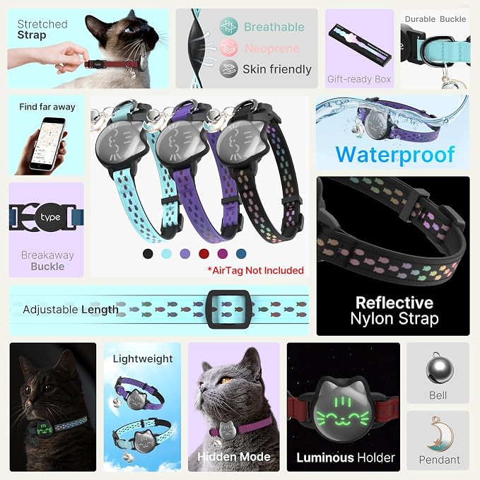typecase Waterproof Airtag Cat Collar, Reflective Fish Pattern, Lightweight - Image 2