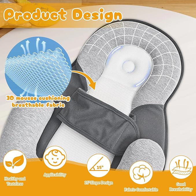 Baby Lounger Pillow with Safety Straps Ergonomic Support Cushion Reflux Breastfeeding Pillow, Adjustable, Removable Cover, Feeding Support